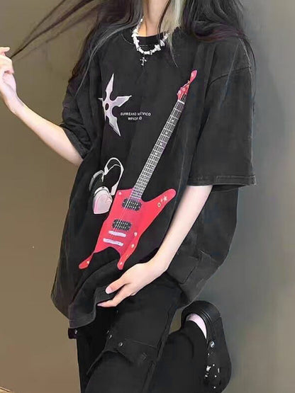 Guitar Print Oversized Short Sleeve Tee