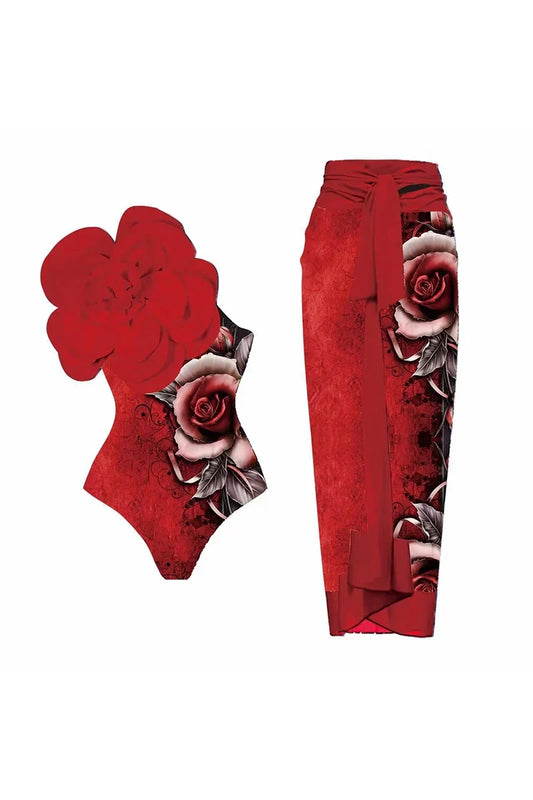 Traje de baño de una pieza con estampado floral rojo 3D