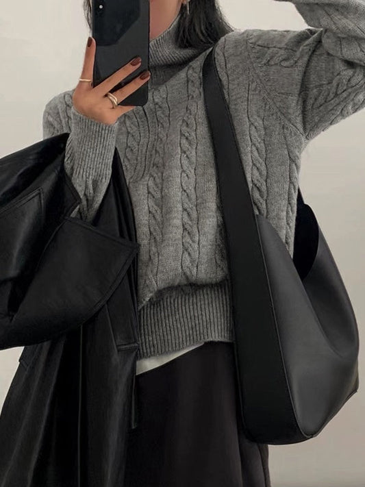 Solid Color Vintage Lapel Neck Cable Half Zip Knit Sweater