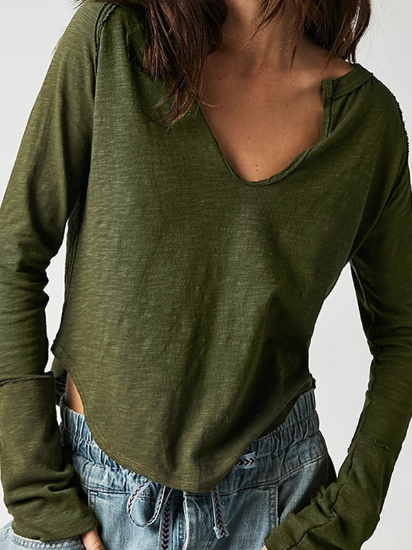 Solid Notch Neck Long Sleeve Tee