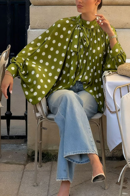 Polka Dot Print Tie-waist Lantern Sleeve Elegant Loose Shirt