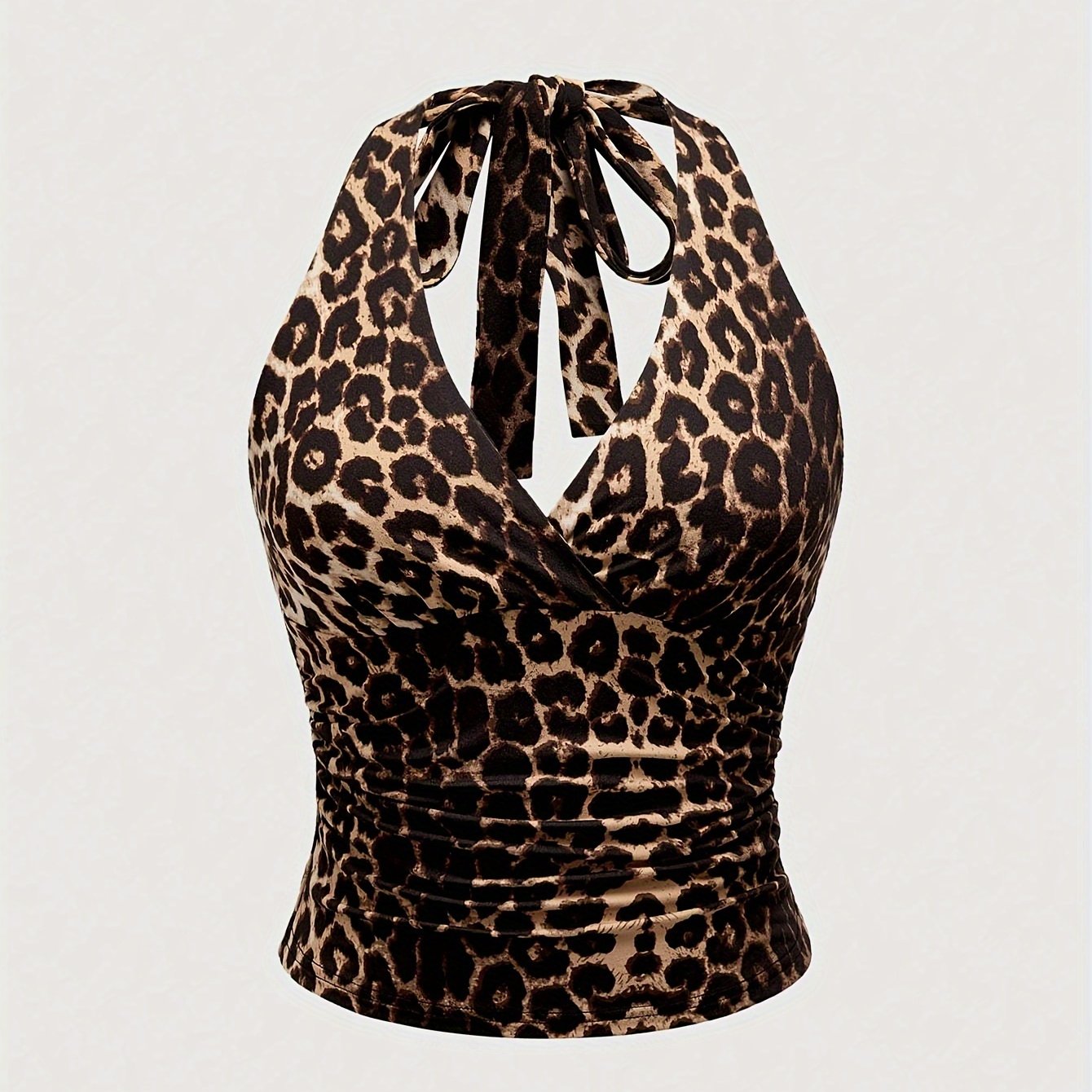 Stretchy Polyester Blend Leopard Print Halter Top - Y2K Grunge Punk Casual Ruched Detail for - Machine Washable