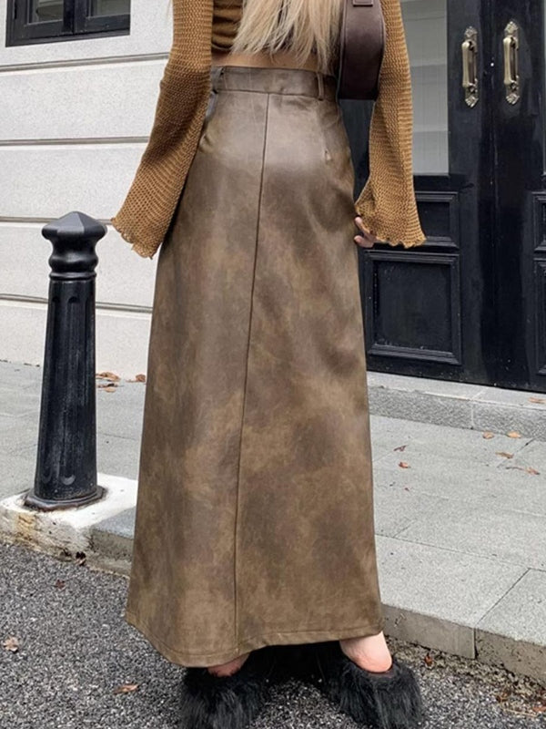 Vintage Brown High Rise Split PU Leather Midi Skirt