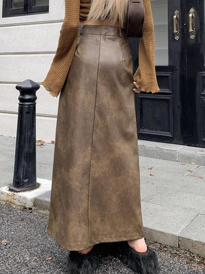 Vintage Brown High Rise Split PU Leather Midi Skirt