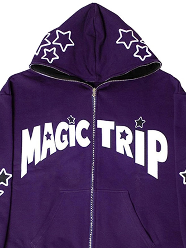 Letter Star Print Contrast Color Oversized Hoodie