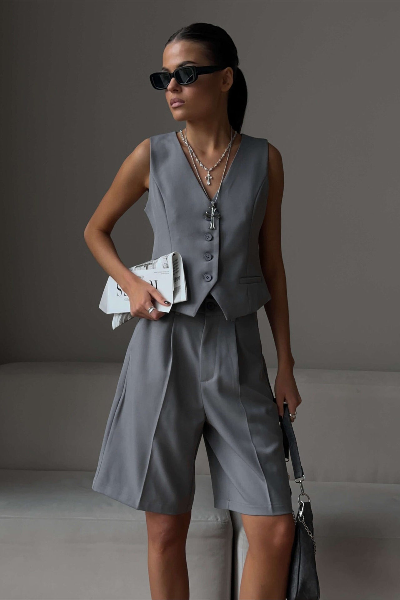 Casual V Neck Single Breasted Two Piece Vest Shorts Set
