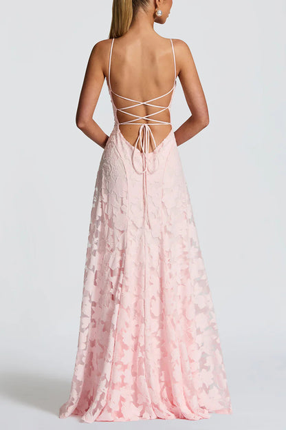 Francis Custom Floral Burnout Fabric Cowl Neck Back Lace-up Maxi Dress