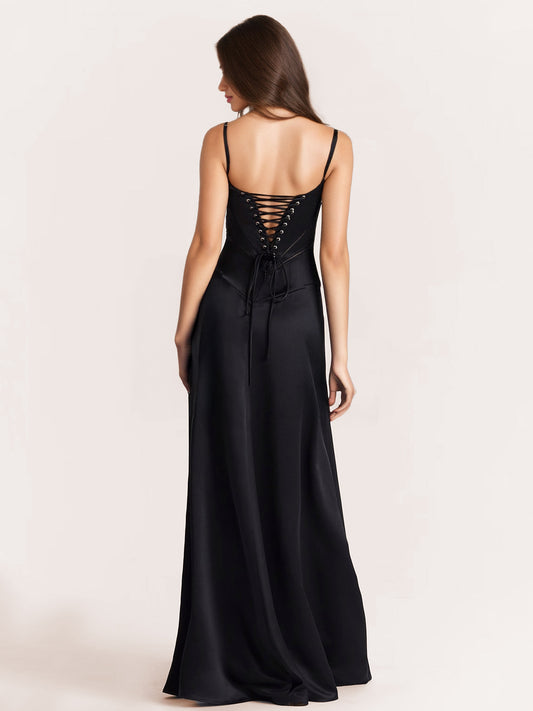 Corest Maxi Dress Adjustable Spaghetti Straps Backless Lace Up Prom Dresses