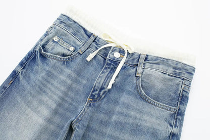 Women's Vintage Casual Mid Waist Baggy Jeans with Drawstring | Great for All Seasons