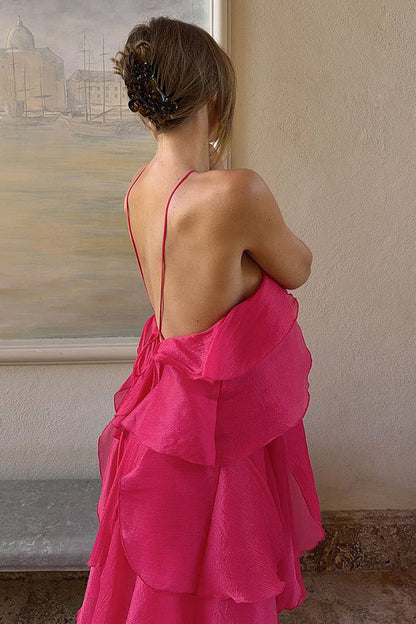 Romantic Summer Chiffon Tiered Ruffle Deep V-Back Halter A-line Maxi Design