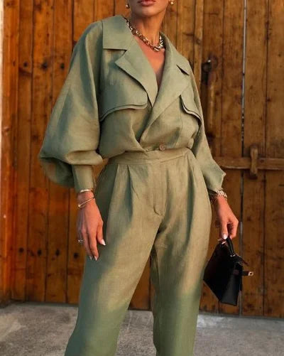 Conjunto de dos piezas de blazer holgado y pantalón largo para mujer | Ideal para primavera/verano