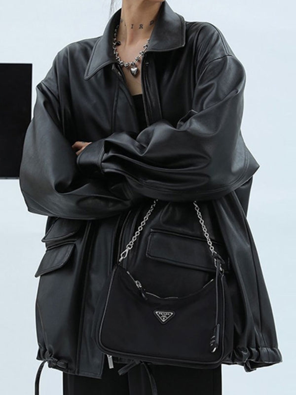 Vintage Lapel Neck Zip Up Motorcycle Leather Jacket