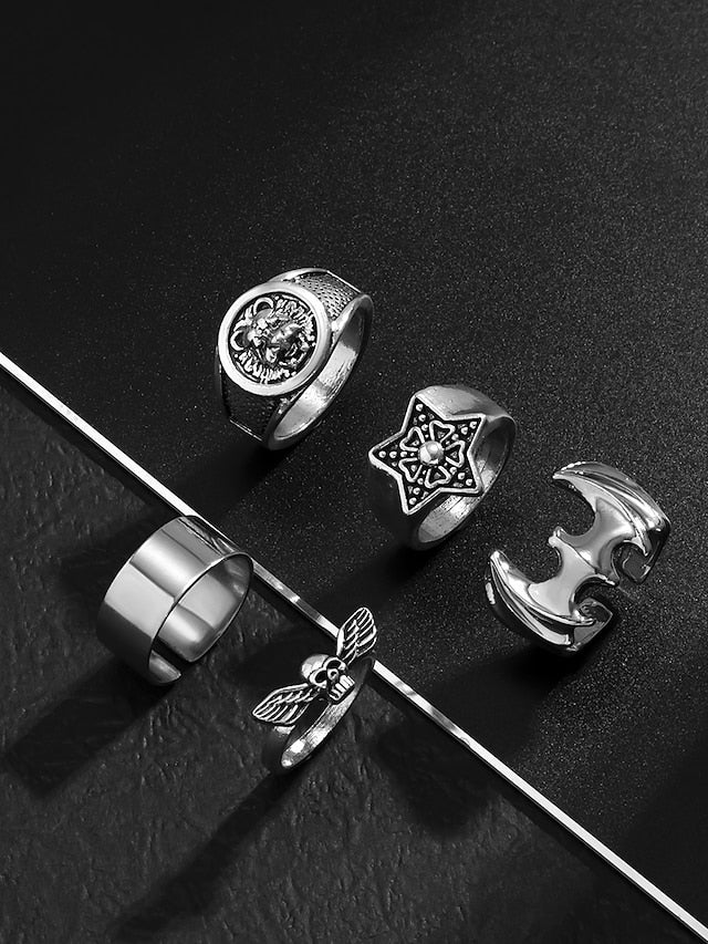 5pcs Ring Multi Finger Ring For Men's Halloween Street Daily Alloy Retro Skull Wings Star for Women