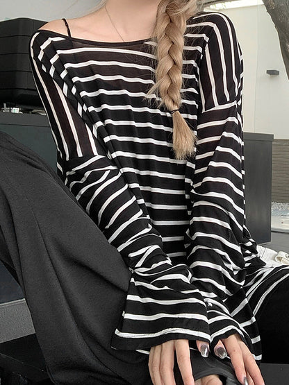 Stripe Backless Lace Up Smock Oversized Long Sleeve Tee