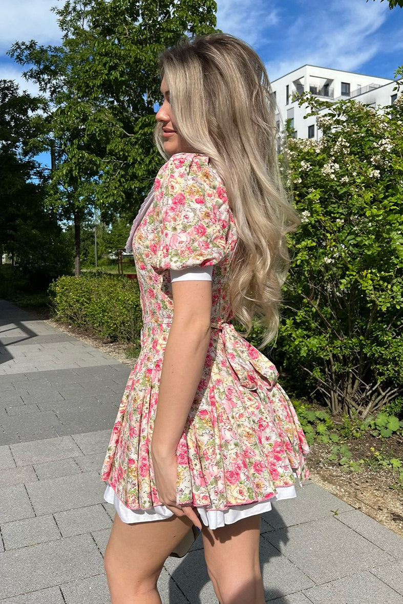 Peter Pan Collar Floral Puff Sleeve Button Mini Dress