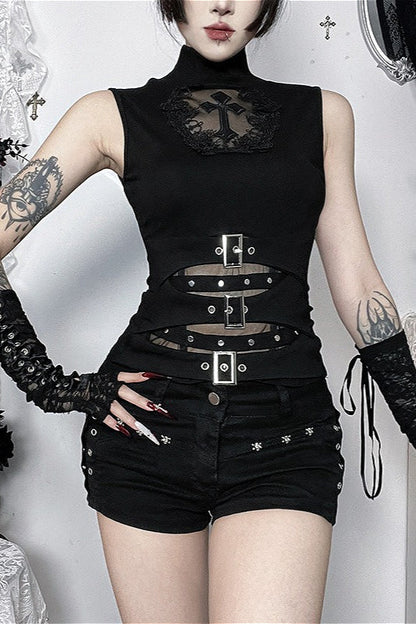 Gothic Cross Cutout Sheer Mesh Top