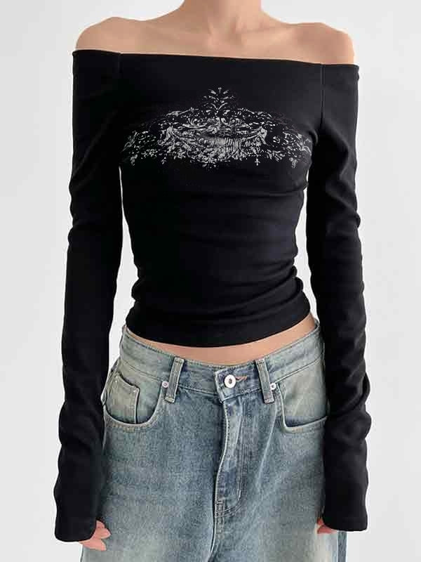 Off Shoulder Floral Print Long Sleeve Tee