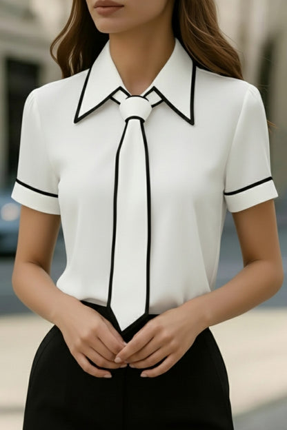 Stylish Color-blocked Trim Collared Short-sleeved Casual Shirt