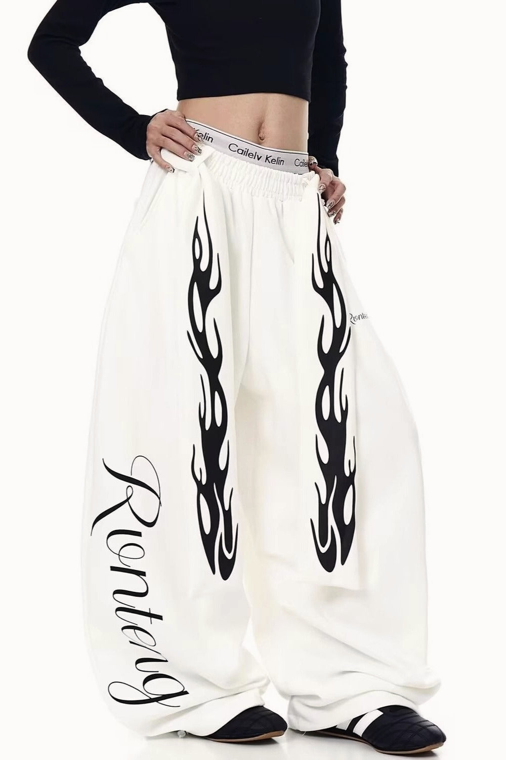 Vintage Flame Print Detachable Tie Curved Sweat Pants