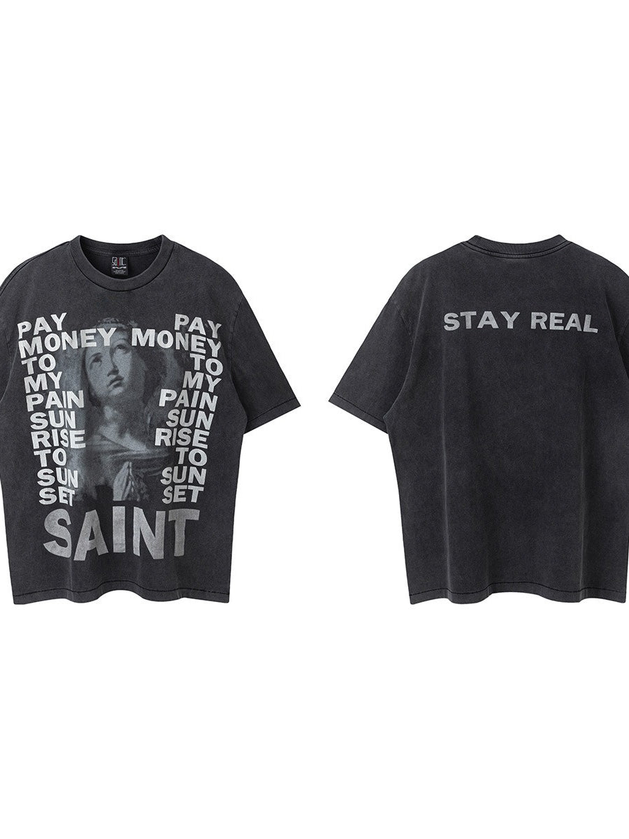 Washed Distressed Logo Graphic Crew Neck T-shirt