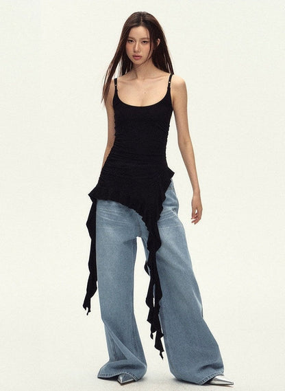 Ruched Asymmetric Black Cami Top