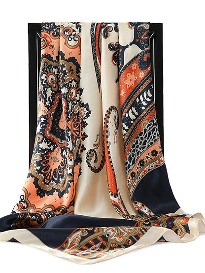 Vintage Flowers Square Scarf For Women Shawls Neckerchief Female Print Headband On the Head Wraps Foulard Hijab Hair Bands 90*90cm for Women