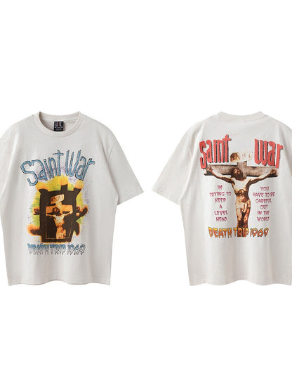 Washed Distressed Logo Graphic Crew Neck T-shirt