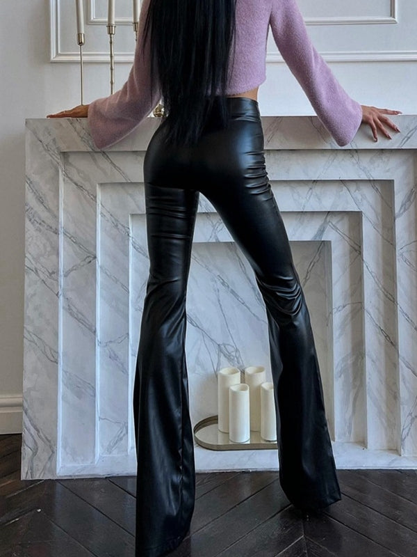 Pu Leather High Rise Flared Leather Pants