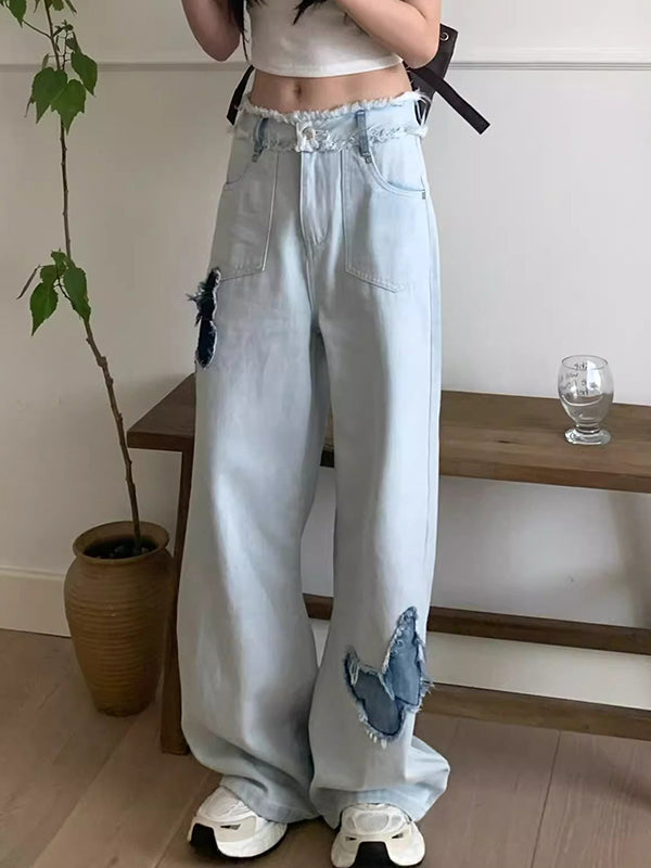 Blue Butterfly High Rise Wide Leg Jeans