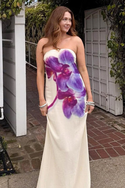 Sexy Color-block Floral Print Strapless Midi Dress
