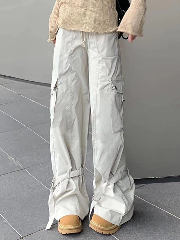 Vintage Big Pocket Drawstring Buckle Design Cargo Pants