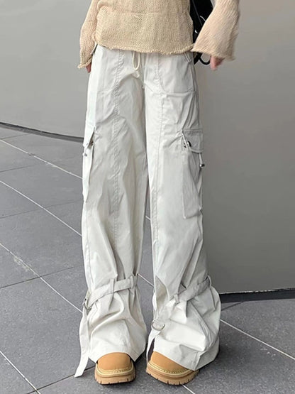Vintage Big Pocket Drawstring Buckle Design Cargo Pants
