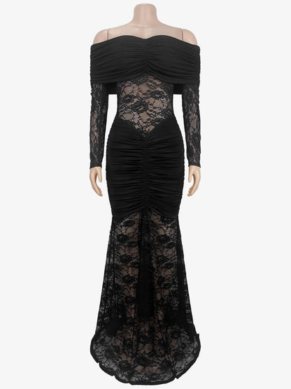 Off Shoulder Ruched Lace Sheer Panel Slim Fit Fishtail Long Gown For Women 2026