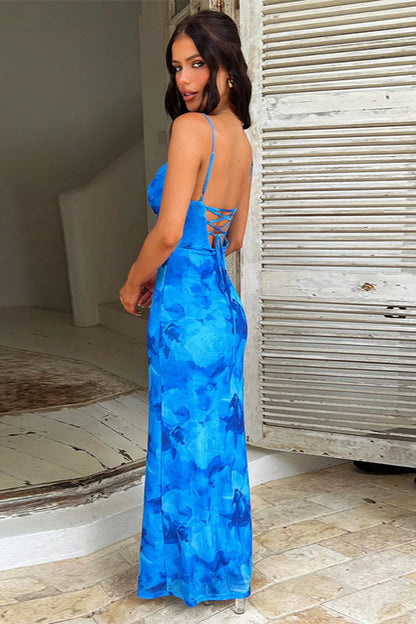 Floral Print Ruffled Strap Bodycon Maxi Dress