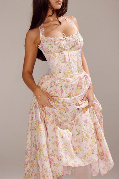 Elegant Strapless Printed Maxi Floral Dress