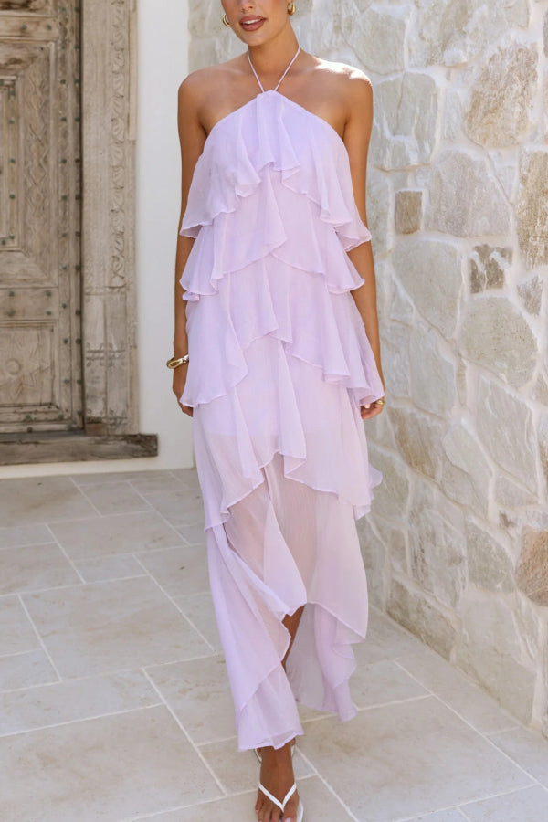 Solid Color Chiffon Halter Neck Elegant Ruffle Maxi Dress