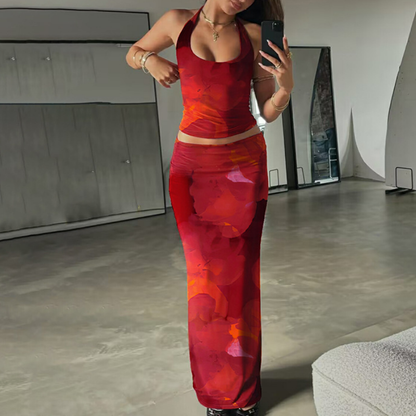Halter self tie u neck flower print maxi skirt set  | Festival Outfits Women
