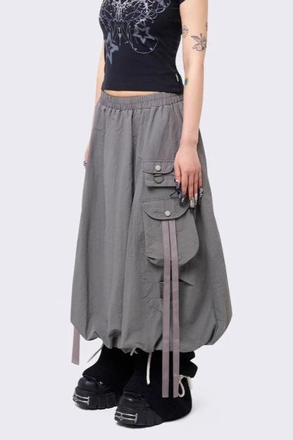 Punk Solid Color Belted Multi-Pocket Skirt