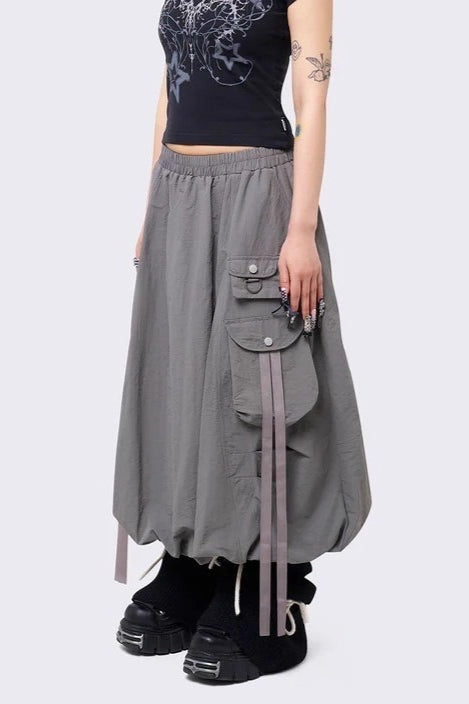 Punk Solid Color Belted Multi-Pocket Skirt
