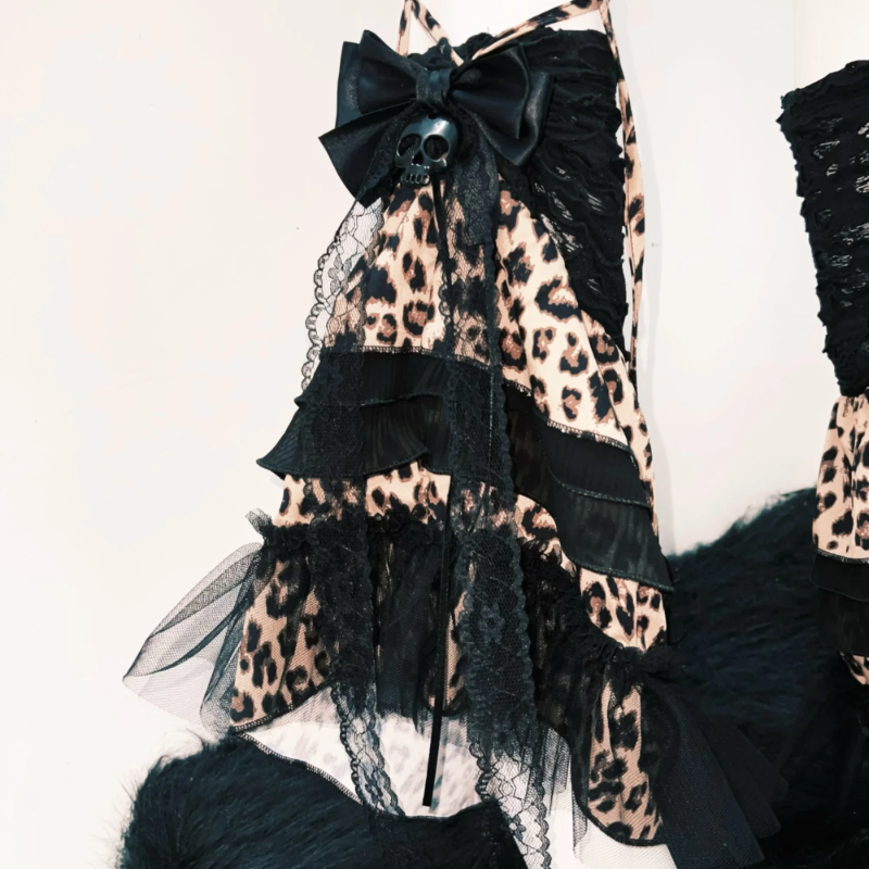 Leopard print self tie bowknot skull applique leg warmer  | Festival Outfits Women