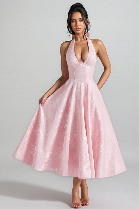 Kivrin Pink Tie Neck Midi Dress