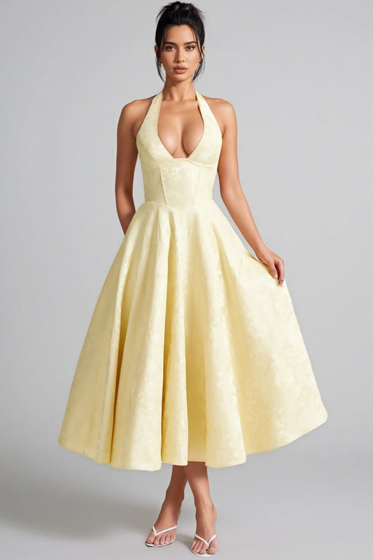 Zashy Yellow Tie Neck Midi Dress