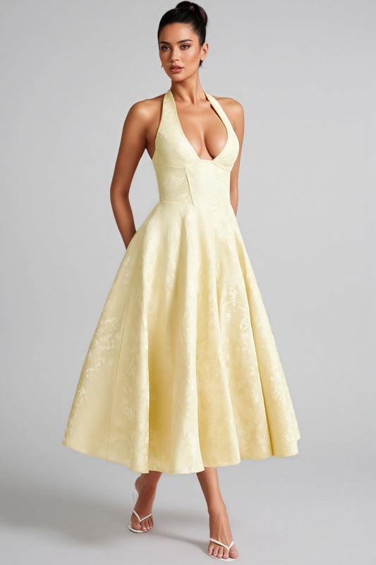 Zashy Yellow Tie Neck Midi Dress