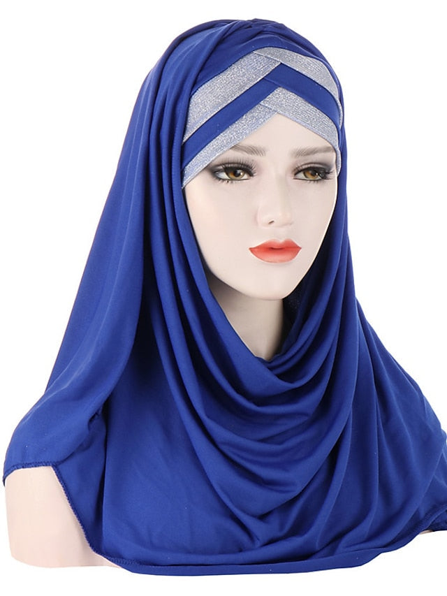 Forehead Cross Hair Wrap Scarf Solid Color Glitter Sequins Jersey Hijabs Muslim Headband Women Turban Hair Cap Headscarf for Women