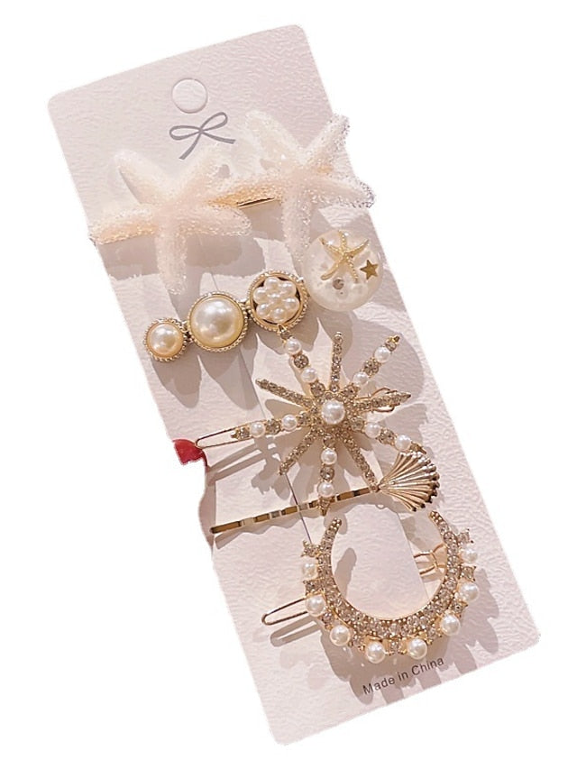 5 Pcs Fashion Hair Clips Set New Pearls and Acrylic Resin and Rhinestone Imitation Handmade Hair Barrettes Glitter Crystal Geometric Hairpin Elegant Gold Hair Accessories Gifts for Women Girls Ladies for Women