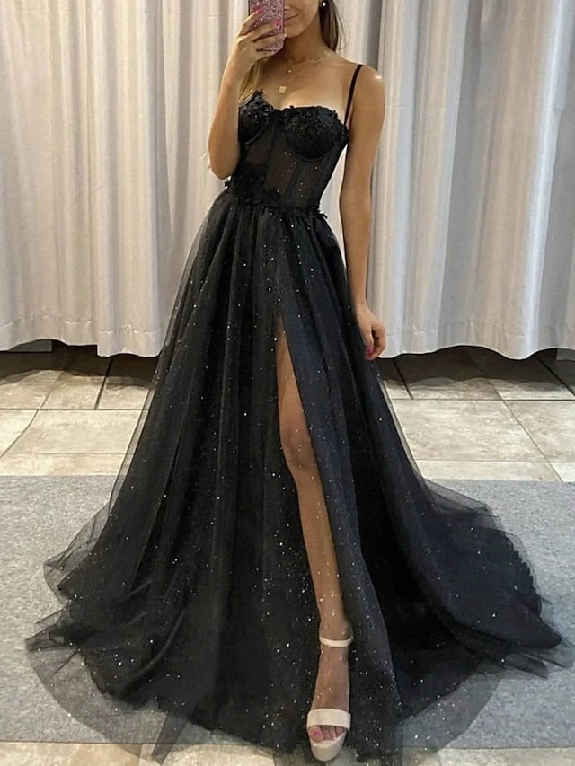 A-Line Prom Dresses Glitter Formal Gothic Dress Graduation Floor Length Sleeveless Sweetheart Spaghetti Tulle with Slit 2023