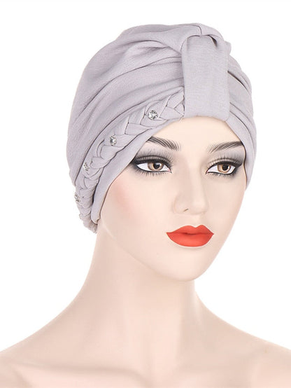 1PCS Trendy Two Dress Braid Turban Cap for Women with Crystal Muslim Head Wrap Islam Hijab Bonnet Hair Care Hat for Women