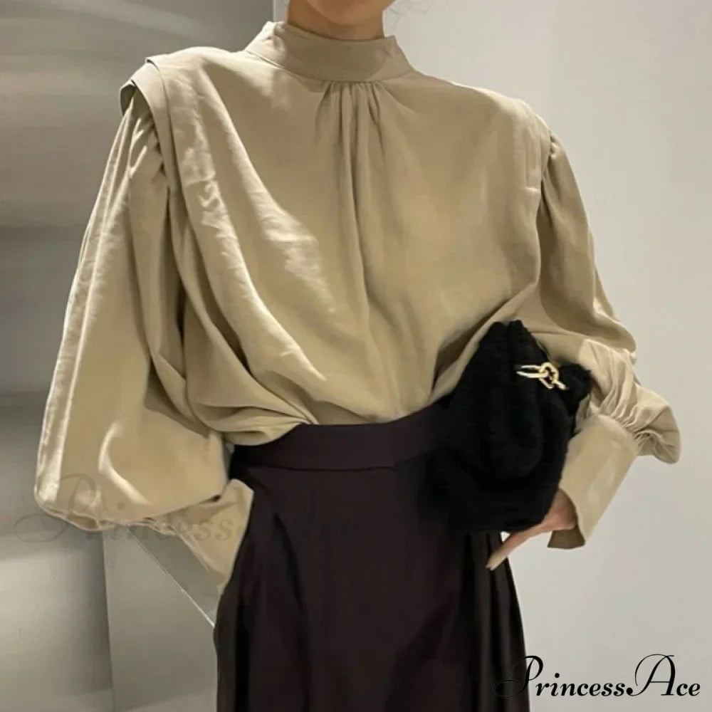 Black Lantern Sleeve Button-Up Blouse