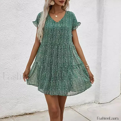 Elegant Leopard Print Floral Prints Summer Women 2024 New Loose V-Neck Ruffled Short Sleeved Mini Dress