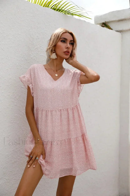 Elegant Leopard Print Floral Prints Summer Women 2024 New Loose V-Neck Ruffled Short Sleeved Mini Dress